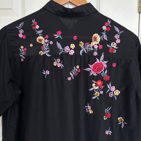 Zara Floral Embroidered Button Down Black Cotton Silk Blend Size XS Oversized - Picture 7 of 11